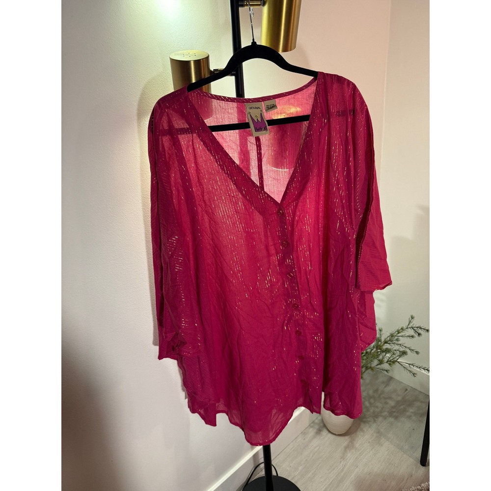 antthony original 3x blouse metallic stripe fuschia pink v neck baseball bright